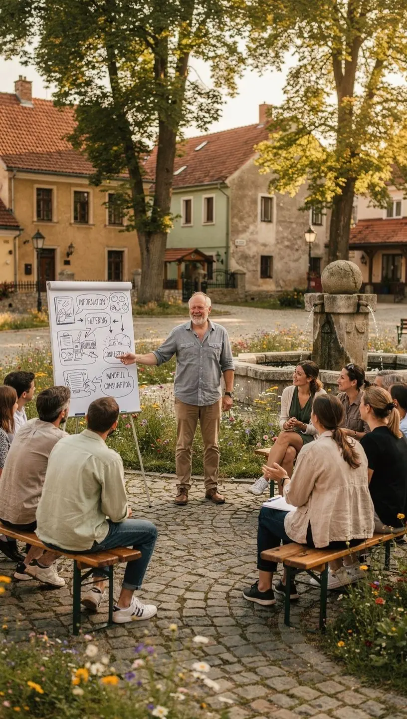 Ilustracja symbolizująca świadome wybieranie źródeł informacji, z ikonami książek, gazet i internetu.